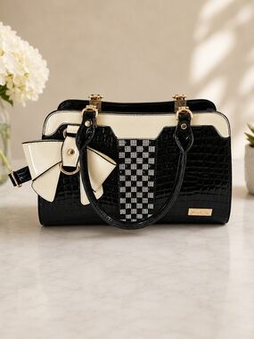 Julia & Michael Black & Ivory Patent Croc Rhinestone Bow Satchel Handbag